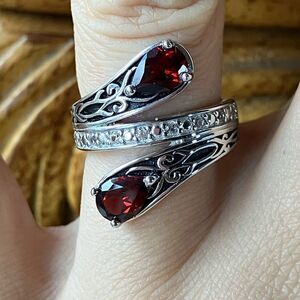 Natural Vermelho Red Garnet Sterling Silver Bypass Ring Size 6
